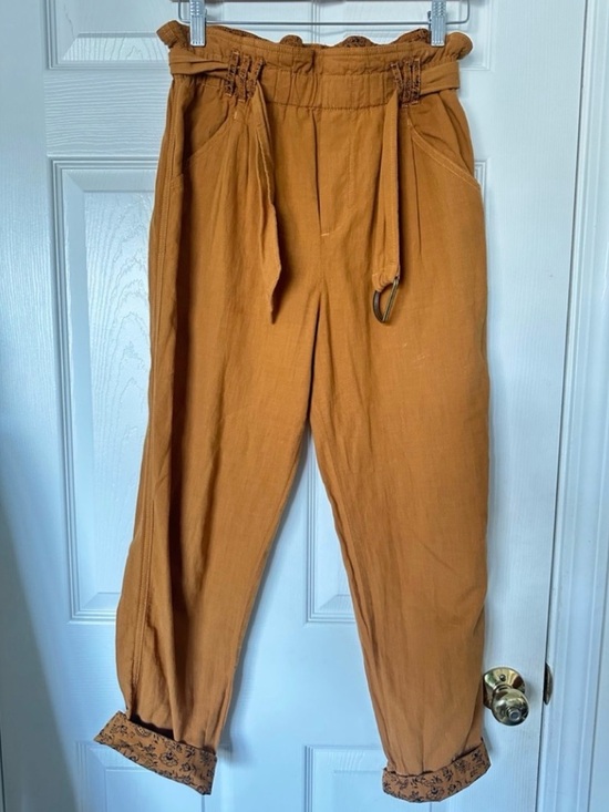 Anthropologie Pants - Anthropologie Paperbag Drawstring Joggers Mustard Brown Gold Buckle Womens Sz M